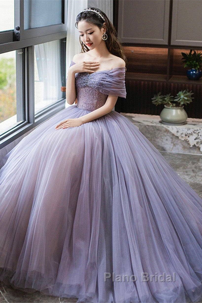 Purple Beaded Tulle Ball Gown Formal Dresses, Off Shoulder Sweet 16 Formal Dresses