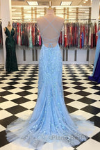 Purple/Blue Mermaid Backless Lace Formal Prom Dresses, Purple/Blue Mermaid Backless Lace Formal Graduation Evening Dreses