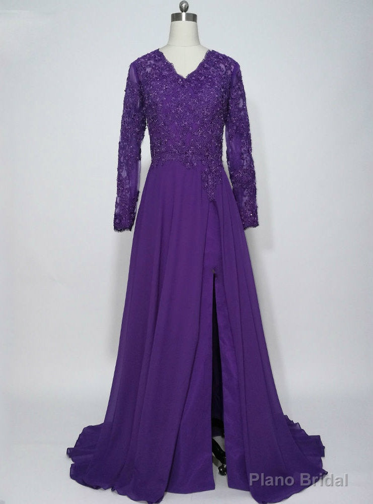 Purple Chiffon Long Sleeves Appliques Mother of the Bride Dresses Main image