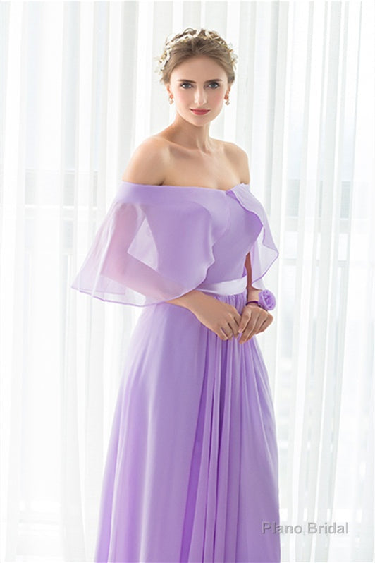 Purple Chiffon Off The Shoulder Long Bridesmaid Dresses