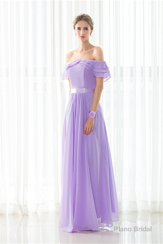 Purple Chiffon Off The Shoulder Long Bridesmaid Dresses