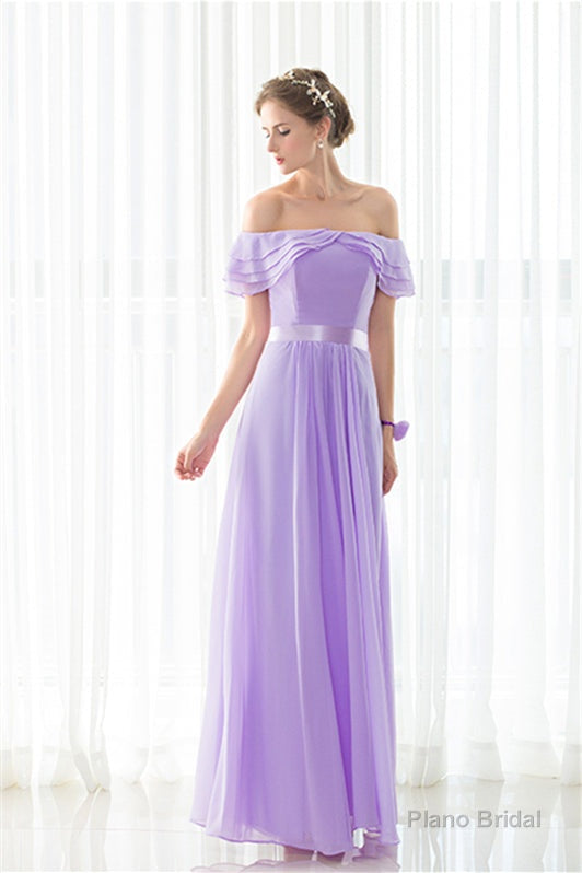 Purple Chiffon Off The Shoulder Long Bridesmaid Dresses