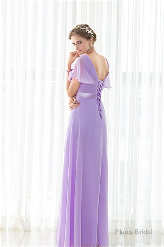 Purple Chiffon V-neck Backless Pleats Long Bridesmaid Dresses