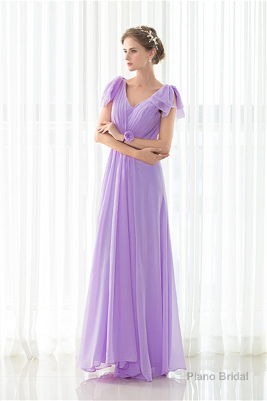 Purple Chiffon V-neck Backless Pleats Long Bridesmaid Dresses Main image