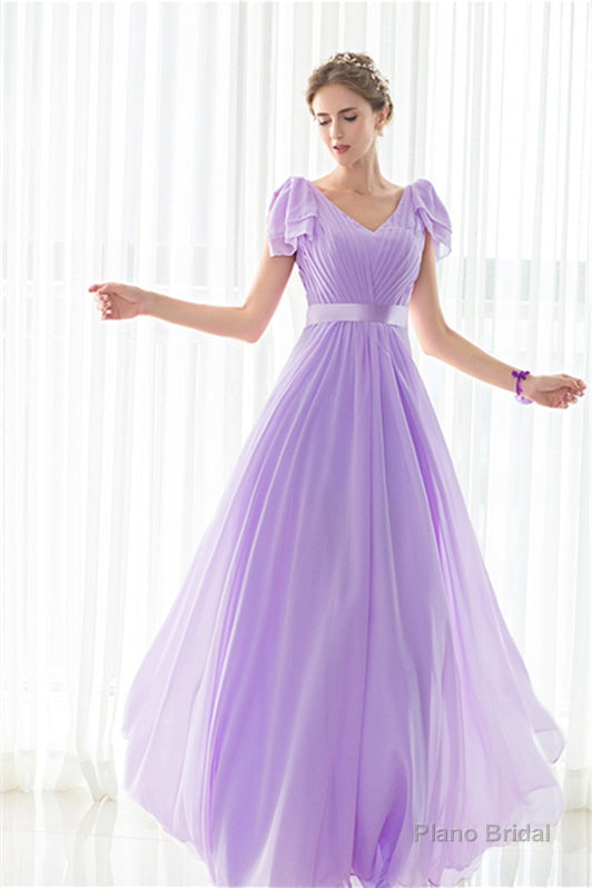 Purple Chiffon V-neck Backless Pleats Long Bridesmaid Dresses