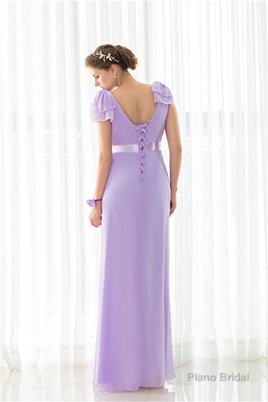 Purple Chiffon V-neck Backless Pleats Long Bridesmaid Dresses