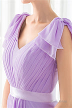 Purple Chiffon V-neck Backless Pleats Long Bridesmaid Dresses