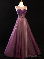 Purple Floral Long Lace Prom Dresses, Purple Floral Long Lace Formal Evening Dresses