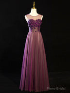 Purple Floral Long Lace Prom Dresses, Purple Floral Long Lace Formal Evening Dresses
