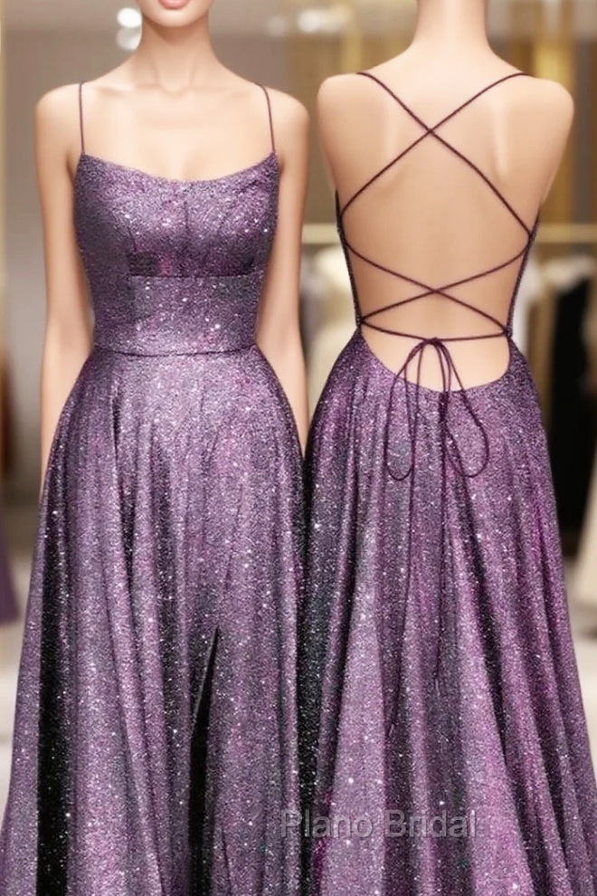 Purple Glitter Formal Prom Dresses Side Split Lace Up Back Main image