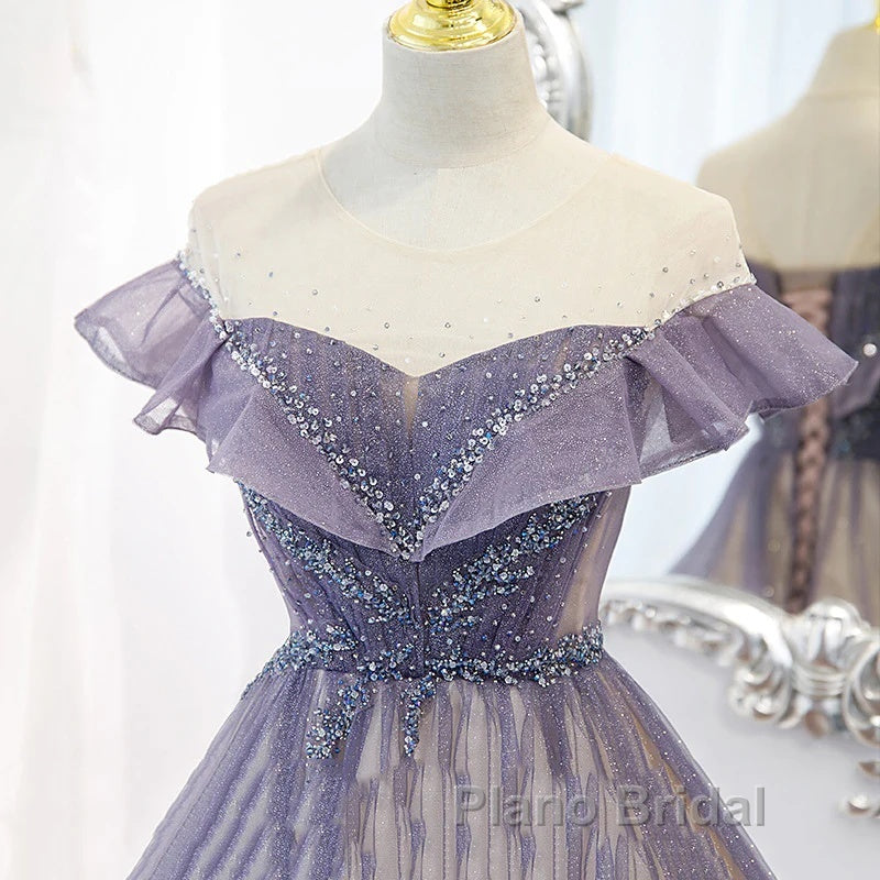 Purple Gradient A-Line Beaded Tulle Long Formal Prom Dresses, Floor Length Purple Evening Dresses Secondary image
