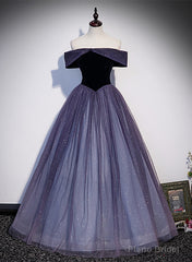 Purple Gradient Tulle Off Shoulder Long Party Dress, A-line Purple Evening Dress Prom Dress