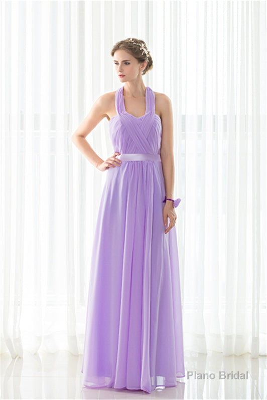 Purple Halter Chiffon Backless Pleats Long Bridesmaid Dresses