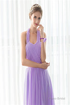 Purple Halter Chiffon Backless Pleats Long Bridesmaid Dresses