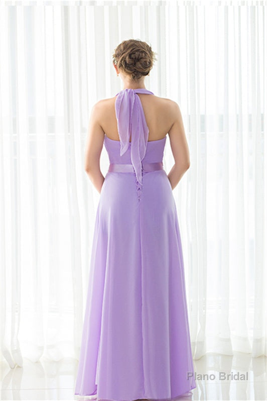 Purple Halter Chiffon Backless Pleats Long Bridesmaid Dresses
