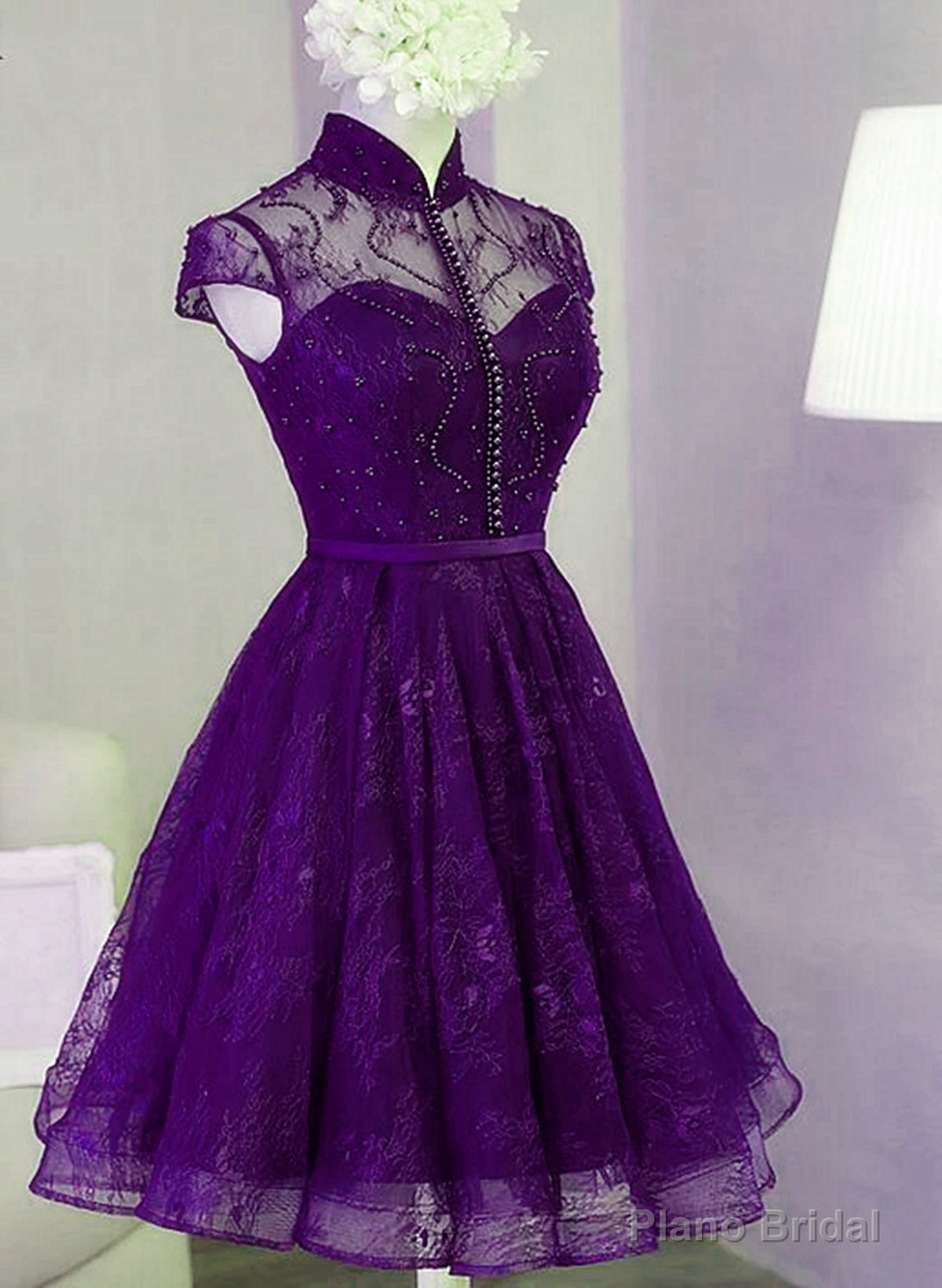 Purple Lace Knee Length Homecoming Dress, Purple Lace Short Prom Dress Main image