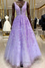 Purple Lace Long A Line Formal Prom Dresses Evening Dresses