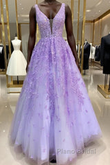 Purple Lace Long A Line Formal Prom Dresses Evening Dresses