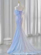 Purple Laser Sequin Beaded Mermaid Women Evening Dress with Puff Sleeves Tassel Pearls Tulle Train Prom Gown