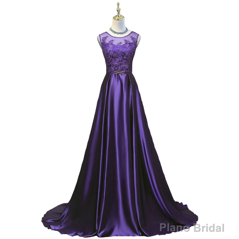 Purple Long Round Neckline Prom Dress, Satin Wedding Party Dress