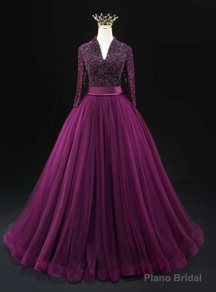 Purple Long Sleeve V-neck Backless Beading Prom Dress Main image