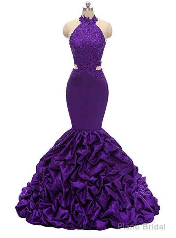 Purple Mermaid Satin Halter Appliques Beading Prom Dress Main image