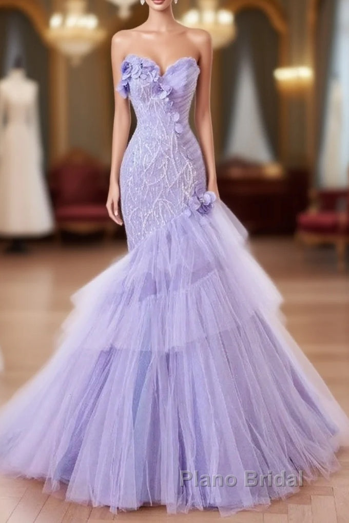 Purple Mermaid Sweetheart Neck Tulle Beaded Long Formal Prom Dresses Strapless Sequin Applique Wedding Dresses Main image
