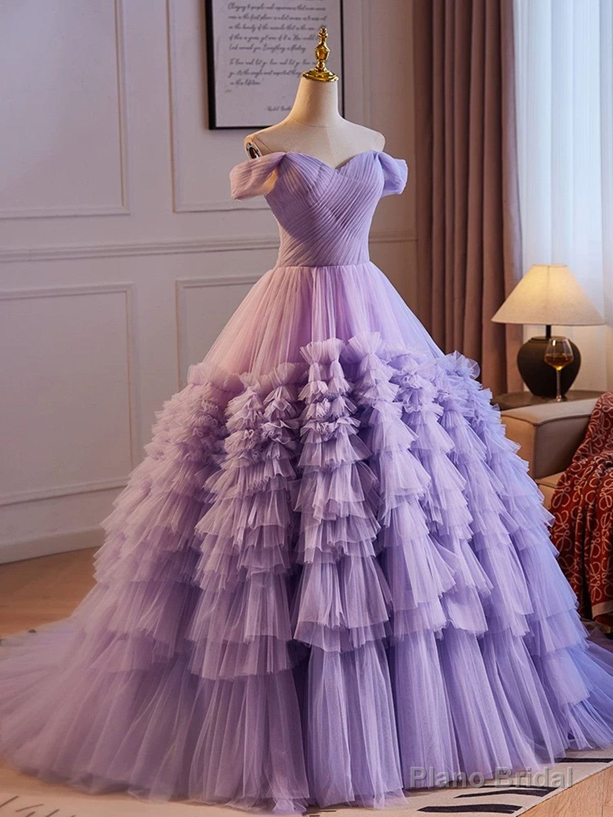 Purple Off Shoulder Sweetheart Tulle Sweet 16 Dress, Purple Tulle Long Prom Dress Secondary image