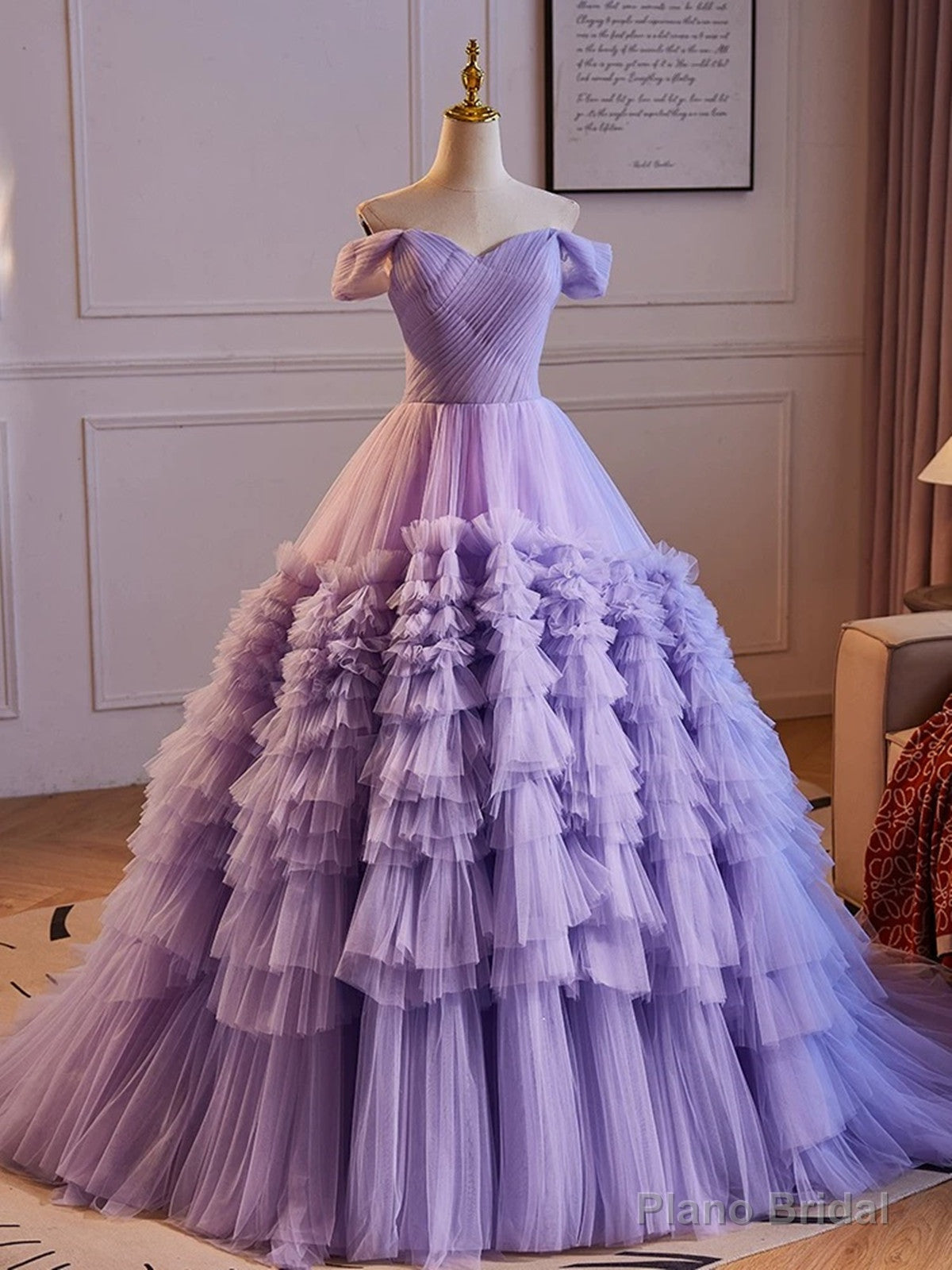 Purple Off Shoulder Sweetheart Tulle Sweet 16 Dress, Purple Tulle Long Prom Dress Main image