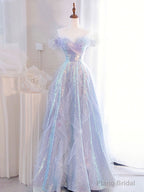 Purple Off Shoulder Tulle Sequin Long Prom Dress, Purple Formal Dress