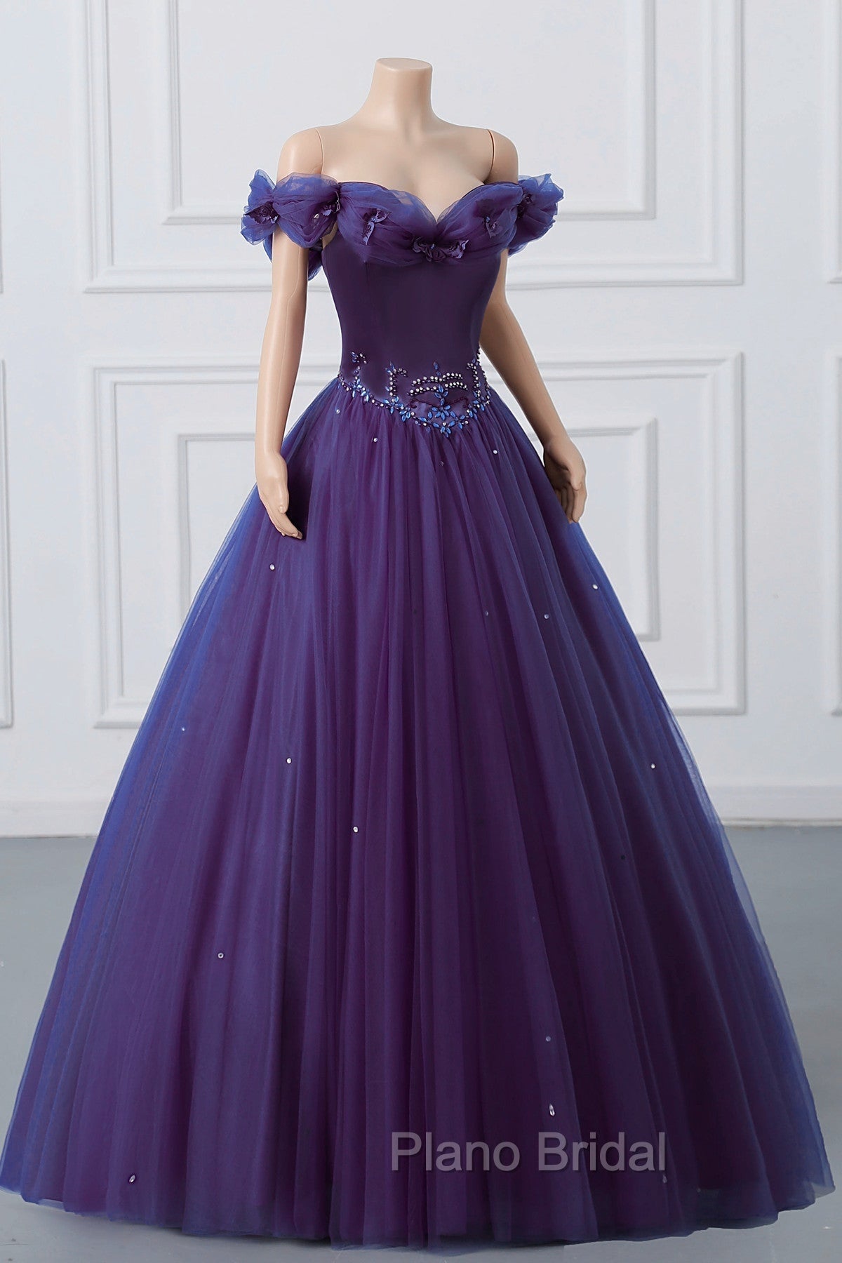 Purple Off-The-Shoulder Sweetheart Party Dresses, Beaded Flowers Ball Gown Tulle Formal Prom Dresses