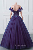 Purple Off-The-Shoulder Sweetheart Party Dresses, Beaded Flowers Ball Gown Tulle Formal Prom Dresses
