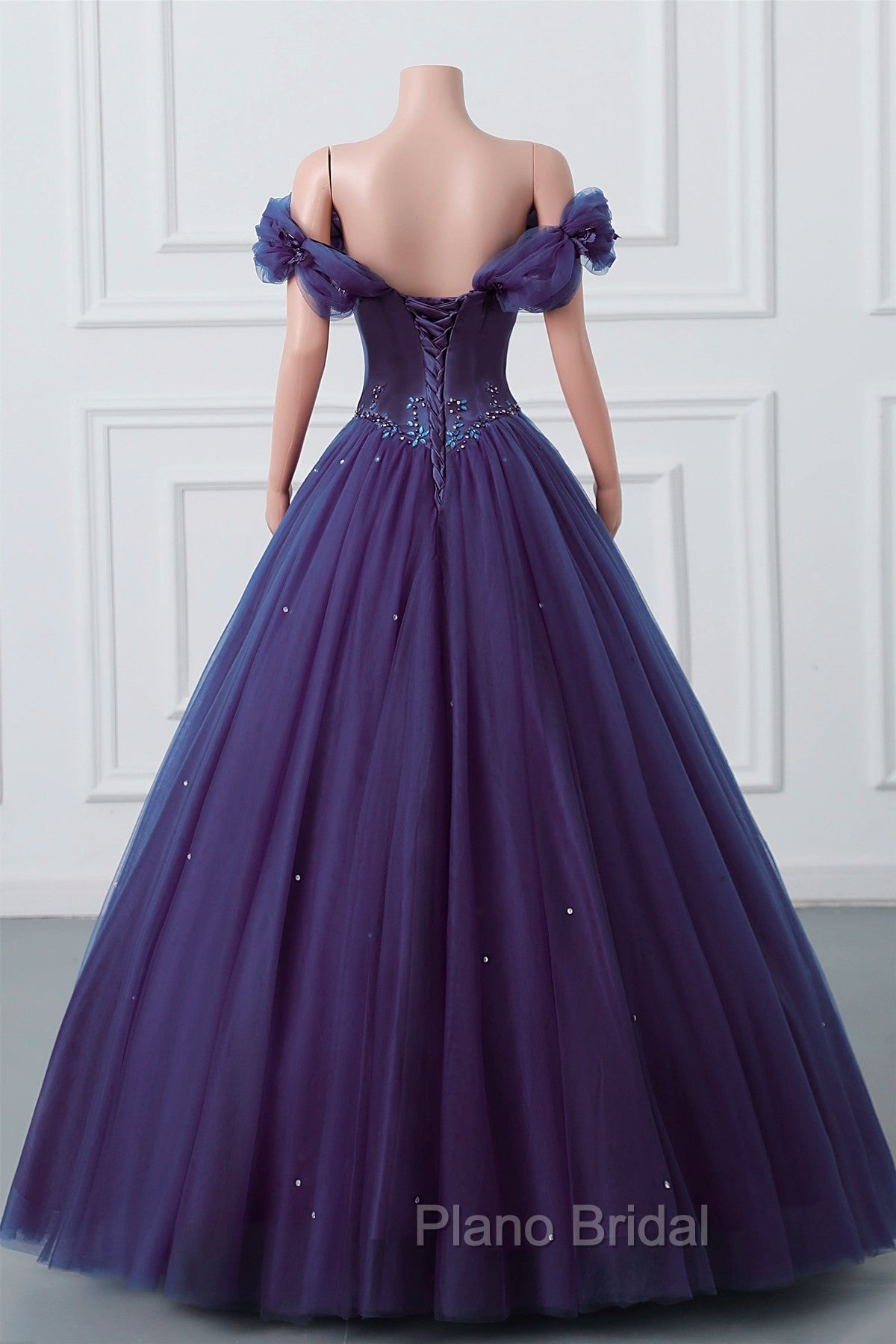 Purple Off-The-Shoulder Sweetheart Party Dresses, Beaded Flowers Ball Gown Tulle Formal Prom Dresses