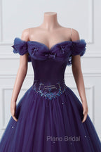 Purple Off-The-Shoulder Sweetheart Party Dresses, Beaded Flowers Ball Gown Tulle Formal Prom Dresses
