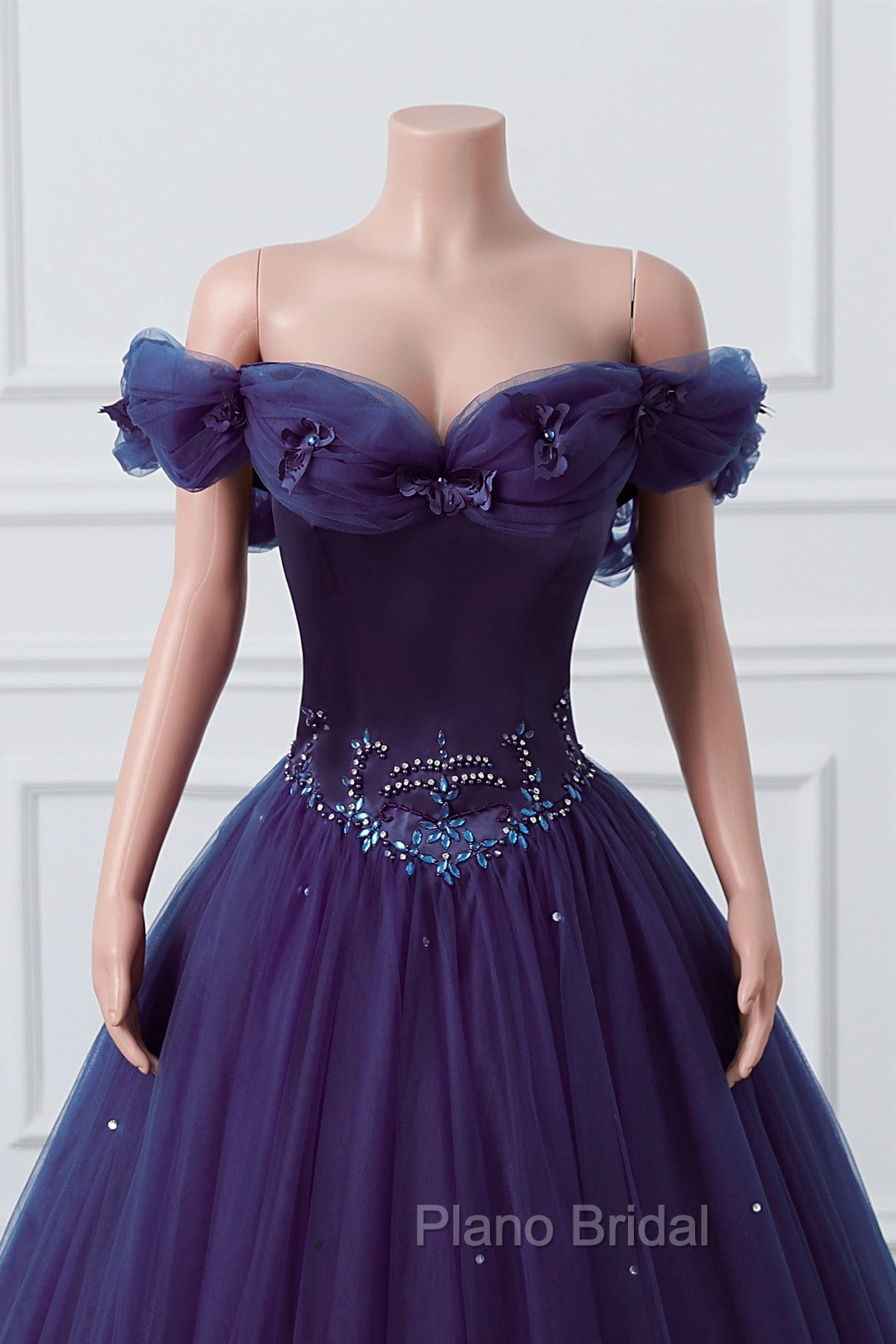 Purple Off-The-Shoulder Sweetheart Party Dresses, Beaded Flowers Ball Gown Tulle Formal Prom Dresses