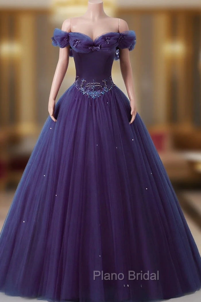 Purple Off-The-Shoulder Sweetheart Party Dresses, Beaded Flowers Ball Gown Tulle Formal Prom Dresses Main image