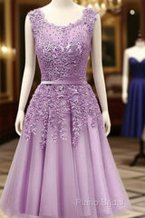 Purple Round Neckline Tulle Short Beaded Lace Knee Length Homecoming Dresses