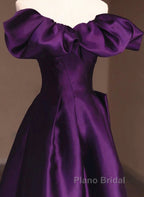 Purple Satin A-Line Off Shoulder Long Evening Dresses, Purple Satin Formal Prom Dresses