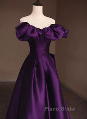 Purple Satin A-Line Off Shoulder Long Evening Dresses, Purple Satin Formal Prom Dresses