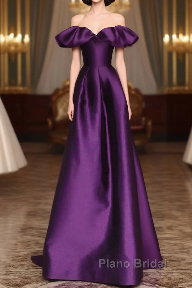 Purple Satin A-Line Off Shoulder Long Evening Dresses, Purple Satin Formal Prom Dresses Main image