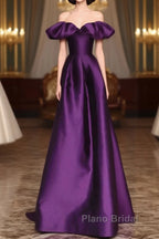 Purple Satin A-Line Off Shoulder Long Evening Dresses, Purple Satin Formal Prom Dresses