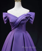 Purple Satin A-Line Off Shoulder Long Party Dresses, Purple Formal Dresses Formal Prom Dresses