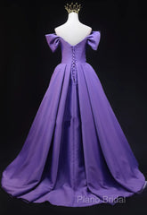 Purple Satin A-Line Off Shoulder Long Party Dresses, Purple Formal Dresses Formal Prom Dresses