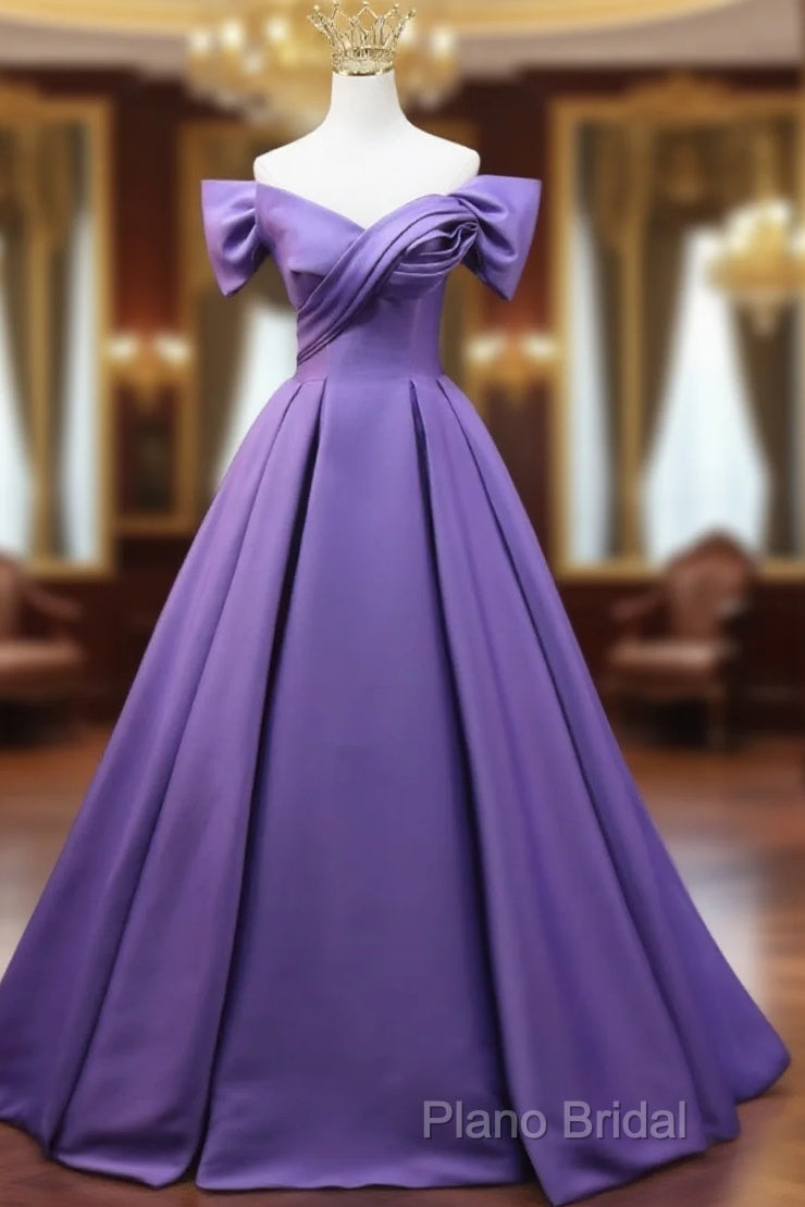 Purple Satin A-Line Off Shoulder Long Party Dresses, Purple Formal Dresses Formal Prom Dresses Main image