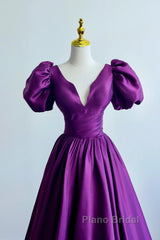 Purple Satin A-Line Short Sleeves Long Formal Dresses, Purple Evening Dresses Formal Prom Dresses
