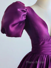 Purple Satin A-Line Short Sleeves Long Formal Dresses, Purple Evening Dresses Formal Prom Dresses