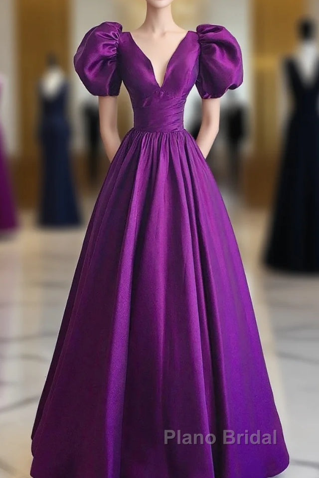 Purple Satin A-Line Short Sleeves Long Formal Dresses, Purple Evening Dresses Formal Prom Dresses Main image