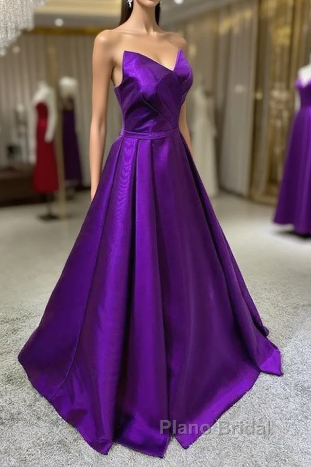 Purple Satin A-Line Simple Floor Length Evening Dresses Formal Dresses, Dark Purple Formal Prom Dresses