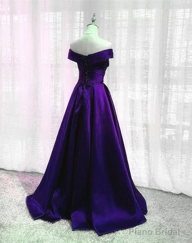 Purple Satin Off Shoulder Long Prom Dress, A-line Simple Purple Formal Dress Secondary image