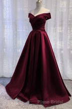 Purple Satin Off Shoulder Long Formal Prom Dresses,A-line Simple Women Prom Dresses